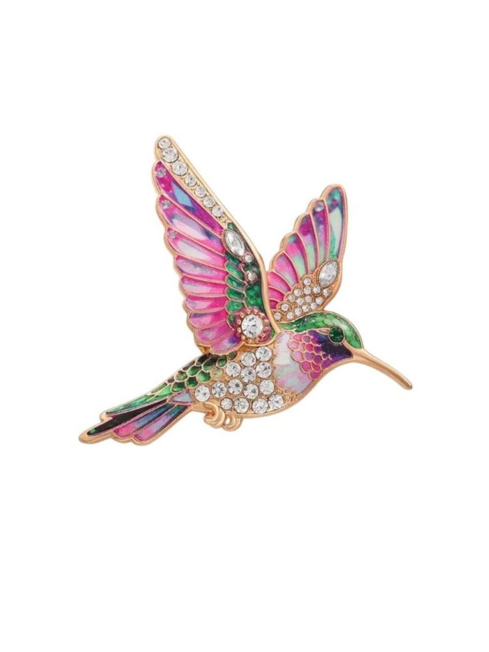 Beautiful Pink & Green Enamel & Crystal Hummingbird Brooch Pin